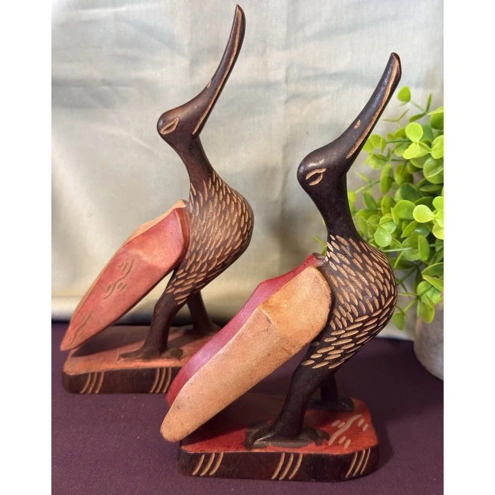 Wood Carved Hand Painted Bird on Stand Set of 2 Crane/Heron/Stork Figurine